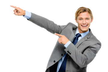 A handsome businessman in a business suit pointing at a blank promotion banner in the copy space as a recommendation isolated on a png background.