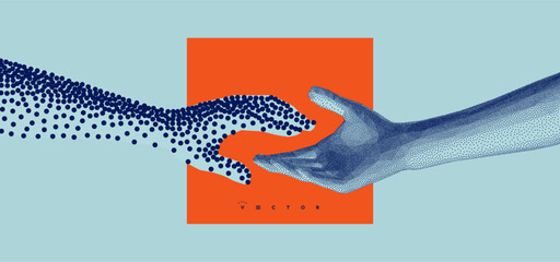 Hands reaching towards each other in сoarse and fine style. Concept of human relation, togetherness or partnership. Model with stipple effect. 3D vector illustration for banner, cover or brochure.