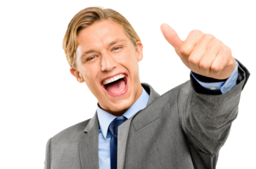 A trendy caucasian male entrepreneur showing a thumbs up with excitement as an acceptance or approval sign isolated on a PNG background.