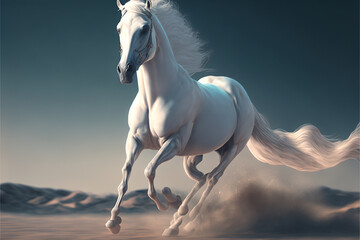 Obraz na płótnie Canvas the galloping white horse on desert background. Generative Ai