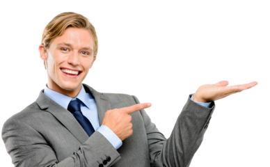 An excited young business manager pointing at a product in his hand and recommending it in copy space isolated on a png background.