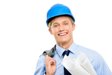 A young civil contractor or an engineer smiling and standing with his suit over his shoulder and holding blueprints isolated on a png background.