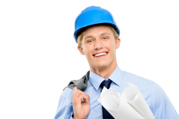 A young civil contractor or an engineer smiling and standing with his suit over his shoulder and holding blueprints isolated on a png background.