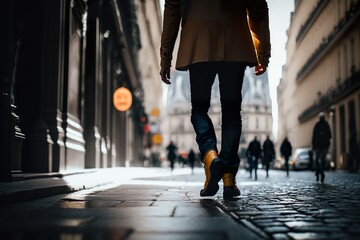 Mensch geht durch die Innenstadt in einer Fußgängerzone. Blickwinkel von weit unten. Illustration einer Einkaufsstraße mit wenig Personen auf der Straße. Einkaufsbummel in Paris als Vorlage.   - obrazy, fototapety, plakaty