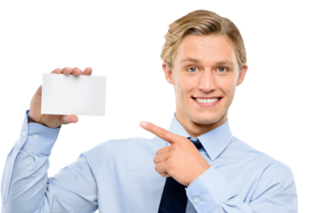 A handsome businessman smiling and holding a blank card and pointing at a card with copy space isolated on a png background.