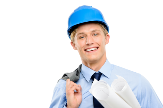 A young civil contractor or an engineer smiling and standing with his suit over his shoulder and holding blueprints isolated on a png background.