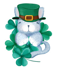 Cute St.Patrick's Day plush fluffy baby cat or kitty in an Irish hat with clover and shamrock. Cartoon child character. Digital watercolor illustration. Greeting card. Stylized decorative symbol.