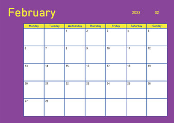 February 2023 simple design digital and printable calendar template illustration. Notes, scheduler, diary, calendar, memo, planner document template background. 