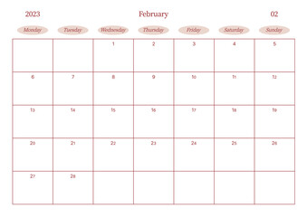 February 2023 simple design digital and printable calendar template illustration. Notes, scheduler, diary, calendar, memo, planner document template background. 