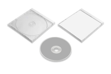 Empty transparent jewel CD case mockup. CD cover mockup, Digipak case of cardboard CD drive. With white blank for branding design or text. Isolated on a white background. 3d rendering.