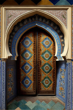 symmetrical  Moroccan  tiles  and  doors. Generative Ai