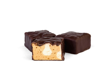 Chocolate candies souffle Tiramisu on white background.