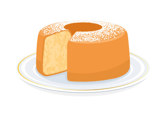 Chiffon cake with powdered sugar icon vector illustration. Light and fluffy vanilla chiffon cake on a plate icon vector isolated on a white background. Delicious sponge cake sliced drawing - obrazy, fototapety, plakaty