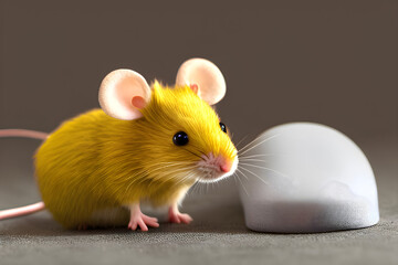 Cute little yellow mouse next to a computer white mouse. Generative AI