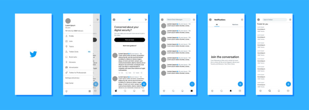 Twitter mobile interface. Twitter screen social media, social network interface template. Homepage, logo, Twitt. recommendations, subscription, profile. Editorial illustration