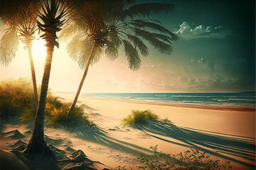 stunning  landscape  of  beach  with  palm  sunshine. Generative Ai
