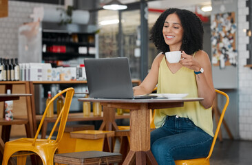 Cafe, innovation and laptop with a black woman blogger in a restaurant for research while doing...