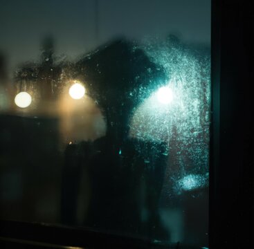 Alien standing outside the window on the street made with Generative AI.