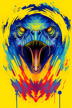 Blue raptor head on yellow background painting. Generative aI