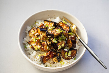 Miso aubergine with seasme seeds and rice