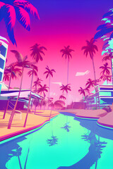 80s tropical sunset on a beach with palm trees.  Generative AI