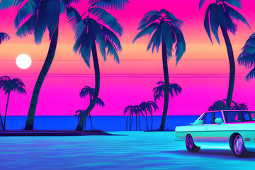 80s tropical sunset on a beach with palm trees and a car.  Generative AI