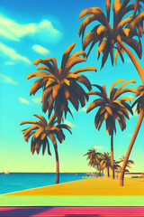 Tropical island with palm trees on the beach. 80s vibe. Generative AI