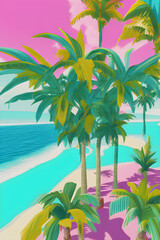 Fototapeta na wymiar Tropical island with palm trees on the beach. 80s vibe. Generative AI