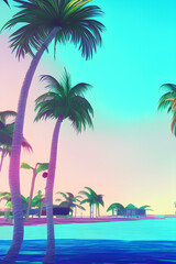 Fototapeta na wymiar Tropical island with palm trees. 80s vibe. Generative AI