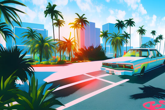 Tropical beach with palm trees and car. 80s vibe poster. Generative AI