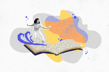 Collage artwork graphics picture of happy smiling diving inside interesting book isolated painting background