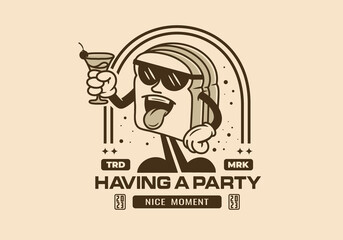 Illustration character badge design of a bread holding a drink