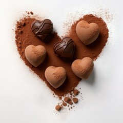 Three heart-shaped chocolates on heart-shaped cocoa powder and two heart-shaped chocolates in the coating. Created using generative AI and image-editing software.