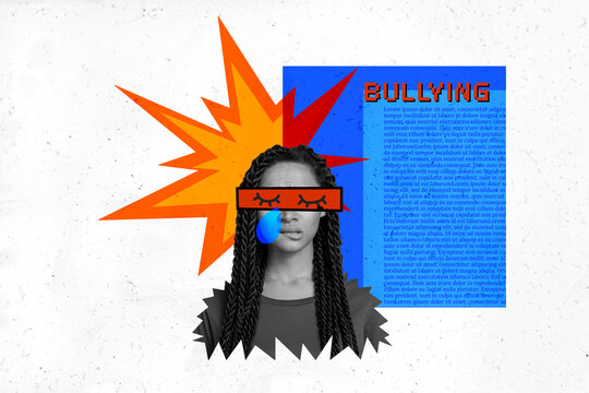 Creative retro 3d magazine collage image of unhappy upset lady crying because of bullying messages isolated painting background