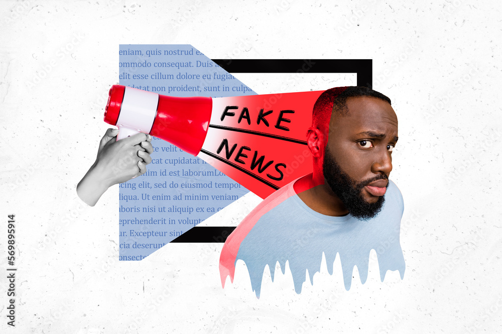 Poster Exclusive magazine picture sketch collage image of suspicious guy listening fake news broadcasting isolated painting background