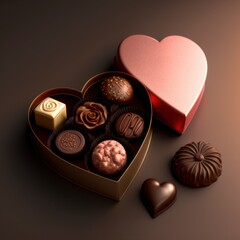 Valentine's Day chocolates in a shiny pink heart-shaped box. Created using generative AI and image-editing software.