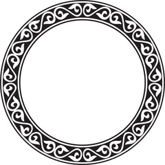 Vector monochrome Kazakh national round pattern, frame. Ethnic ornament of the nomadic peoples of Asia, the Great Steppe, Kazakhs, Kirghiz, Kalmyks, Mongols, Buryats, Turkmens