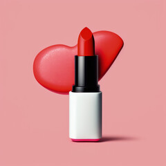 Red lipstick in front of red object. Salmon pink background. Created using generative AI and image-editing software.