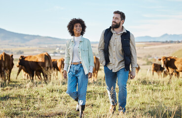 Fototapeta premium Agriculture, black woman and man on farm, cows for beef production and walking countryside. Farming, African American female, happy male and environment for diary, sustainability and cattle farmers