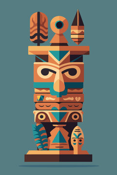 Colored Indian Wooden totem pole with tiki mask and eagle. Vector cartoon illustration