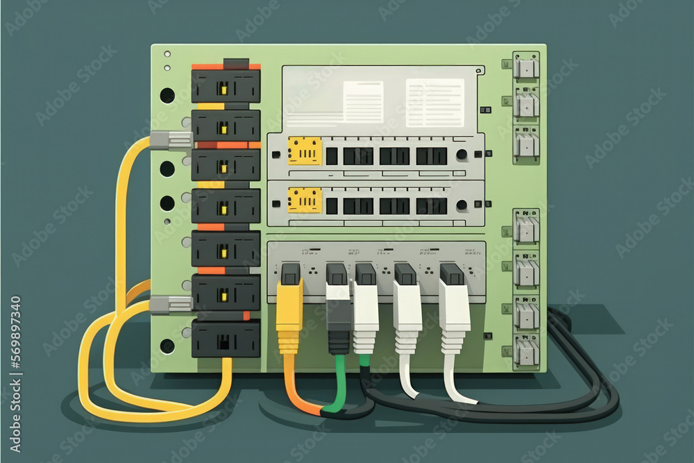 Poster conceptual image of a network switch on a rack with network cables connecting an sfp module port in 