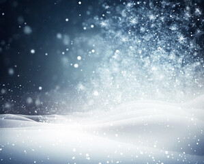 Winter background - sparkling falling snow against a dark blue sky and white snowdrifts. Generative AI. - 569897397