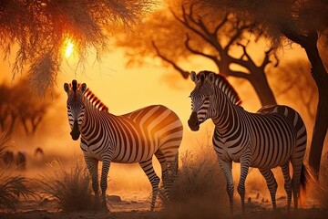 Fototapeta na wymiar zebra in the sunset, ai generated