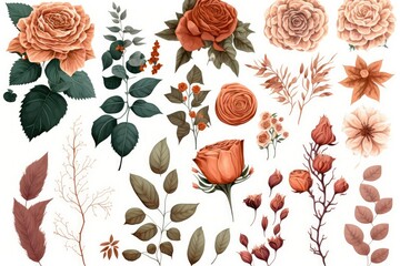 set of roses and plants, ai generated