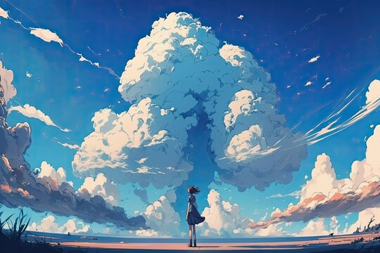 Blue Sky With Paired Clouds In Anime Style , Ai Generated