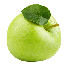 One ripe green apple fruit with green leaf isolated on transparent background. Granny smith apple