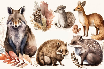 set of animals , watercolor illustration, ai generated