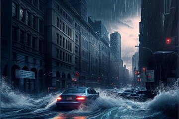 car driving through a flooded city at night. generative ai.