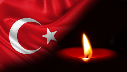 Turkey, earthquake in Turkey. catastrophe, mourning, disaster. Flag of Turkey and a burning candle sorrow, disaster