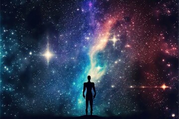 Fototapeta na wymiar man standing in front of a star filled sky. generative ai